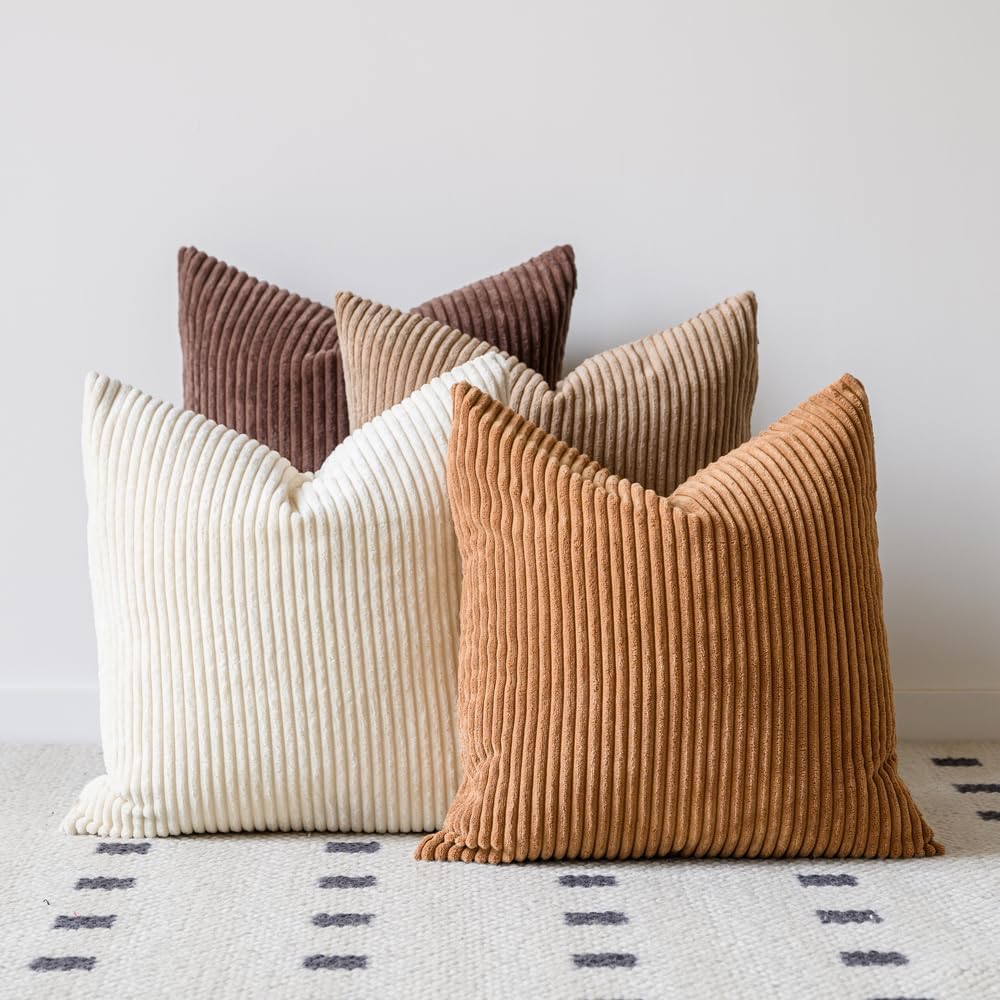 Neutral Couch Throw Pillow Covers 18x18 Inch Set of 4 Decorative Farmhouse Boho Soft Corduroy Accent Home Decor in Neutral Brown Cream Light Camel Caramel